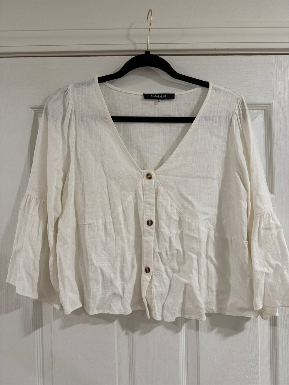 Sugarlips Cream Button-Front V-Neck Blouse